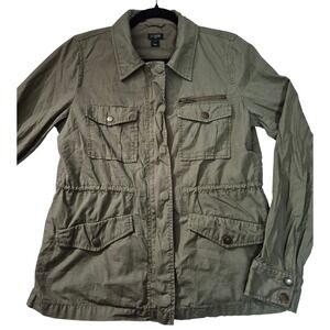 J. Crew Ripstop Utility Jacket Olive Green Snap Zip Pockets Drawstring Waist S